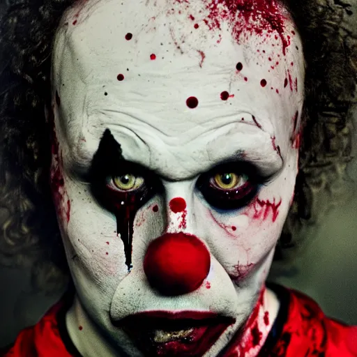 Image similar to medium shot of an expressionless clown with blood splattered on his face, muted tones, slightly out of focus, found footage, bland colors