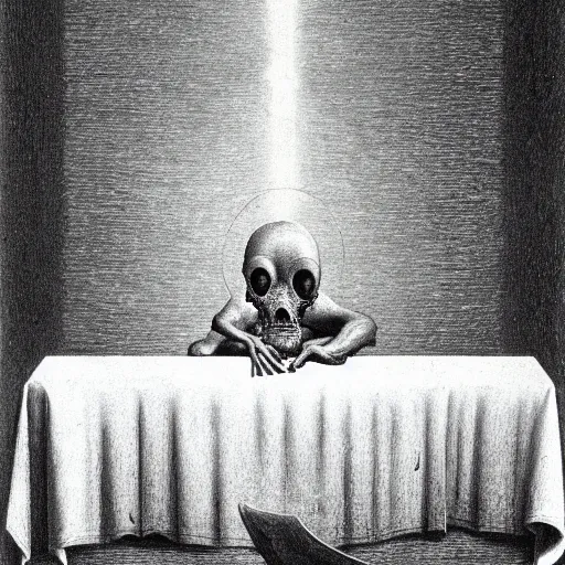 Prompt: a strange creature sits at a table, by Zdzisław Beksiński