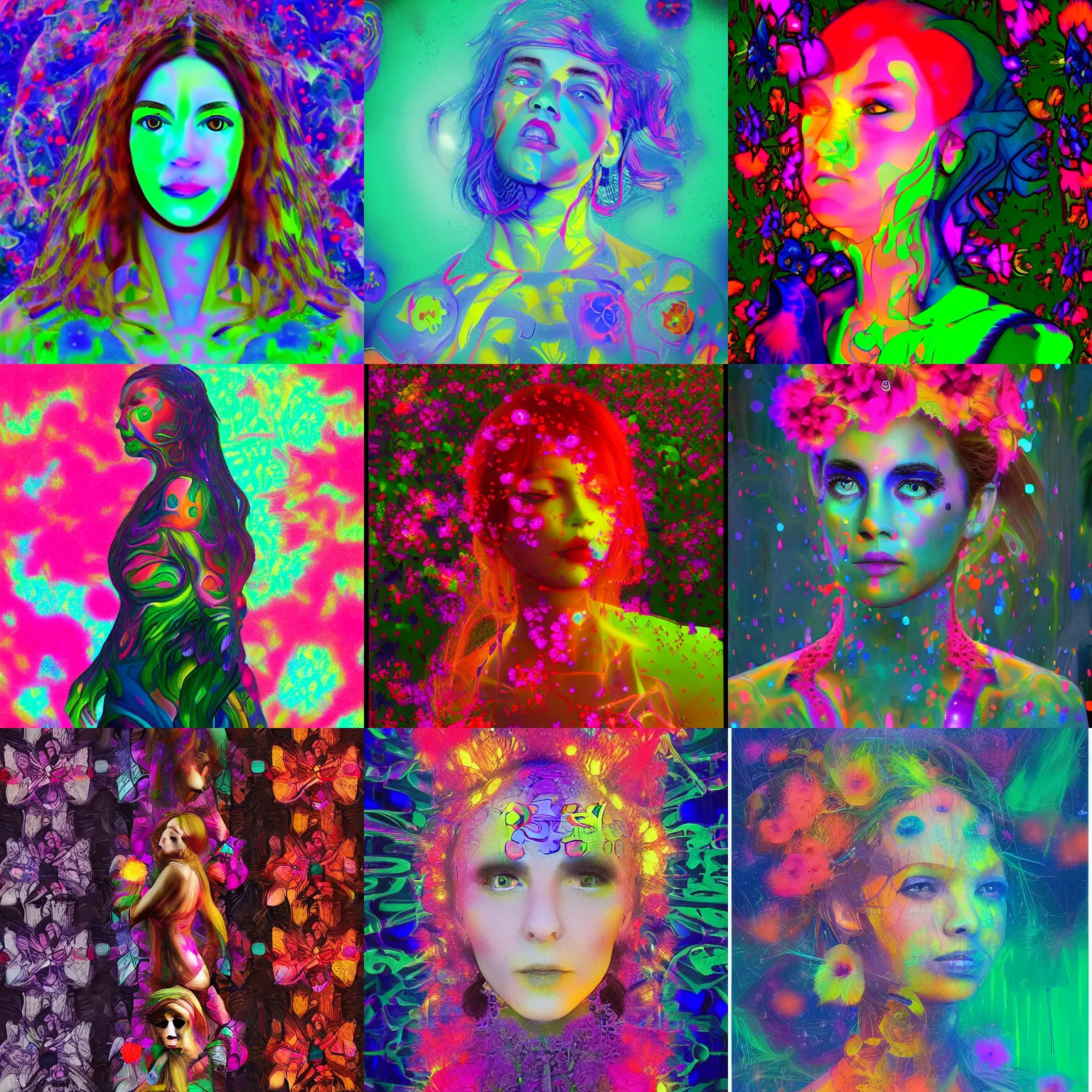 Prompt: ai - generated art, generated by an ai image generator who read this caption. tags : photorealistic, psychedelic, self - aware, design your own avatar, lady with glowing flowers dress, matte painting, trending on artstation