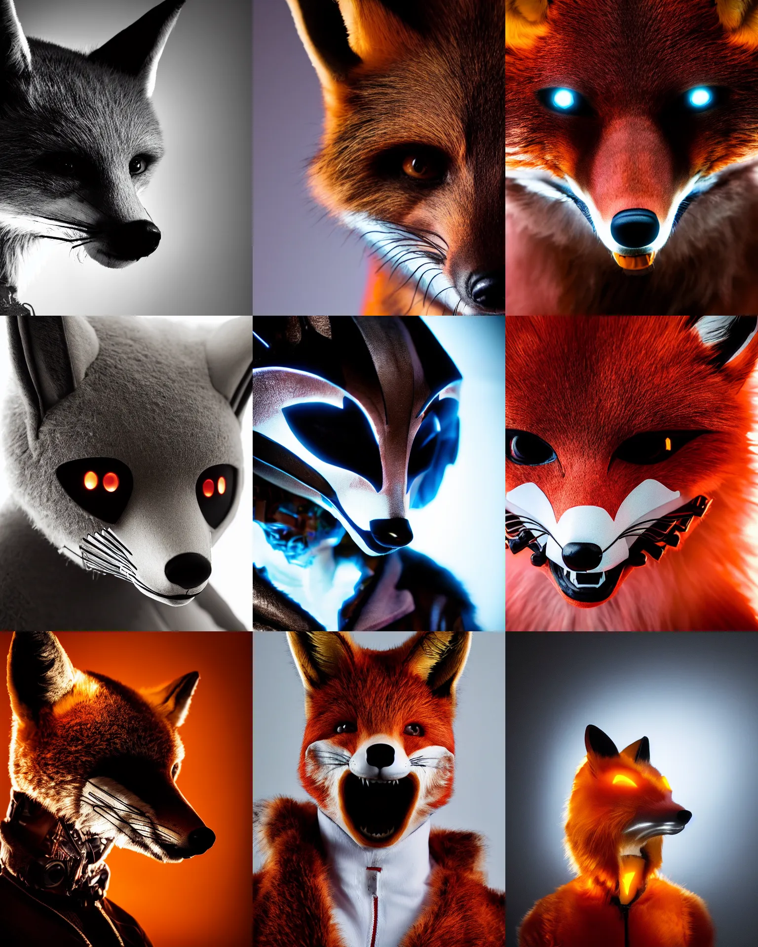 Prompt: a close-up studio photography portrait of anthropomorph cyber fox, dramatic backlighting