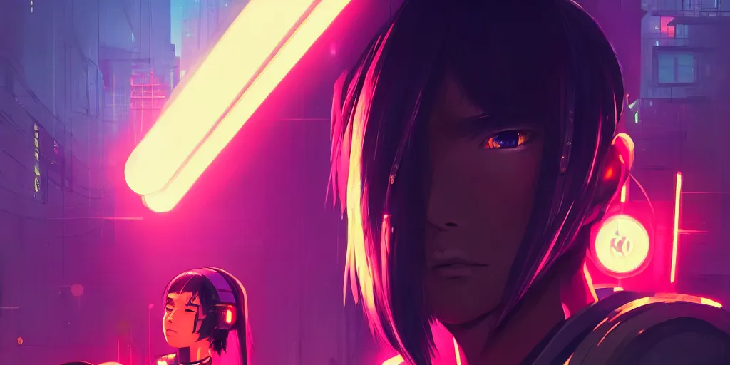 Prompt: digital illustration closeup portrait of cyberpunk samurai in city street at night by makoto shinkai, ilya kuvshinov, lois van baarle, rossdraws, basquiat | afrofuturism, in the style of hearthstone, trending on artstation | cool color scheme