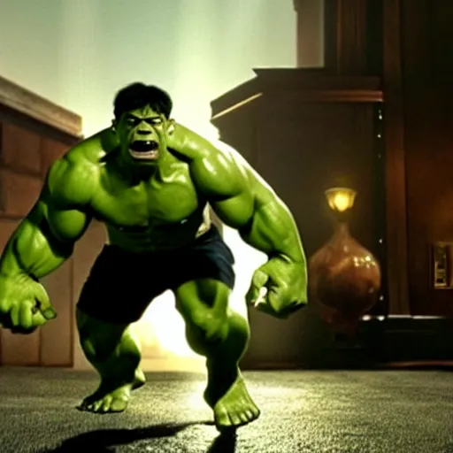 Prompt: mr. bean as hulk in the avengers movie. movie still. cinematic lighting.