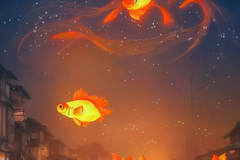 Prompt: fantasy art of glowing goldfish swimming in the air, in the streets of a japanese town at night, with children outside watching in wonder, in the style of studio ghibli and makoto shinkai, highly detailed digital art, trending on artstation