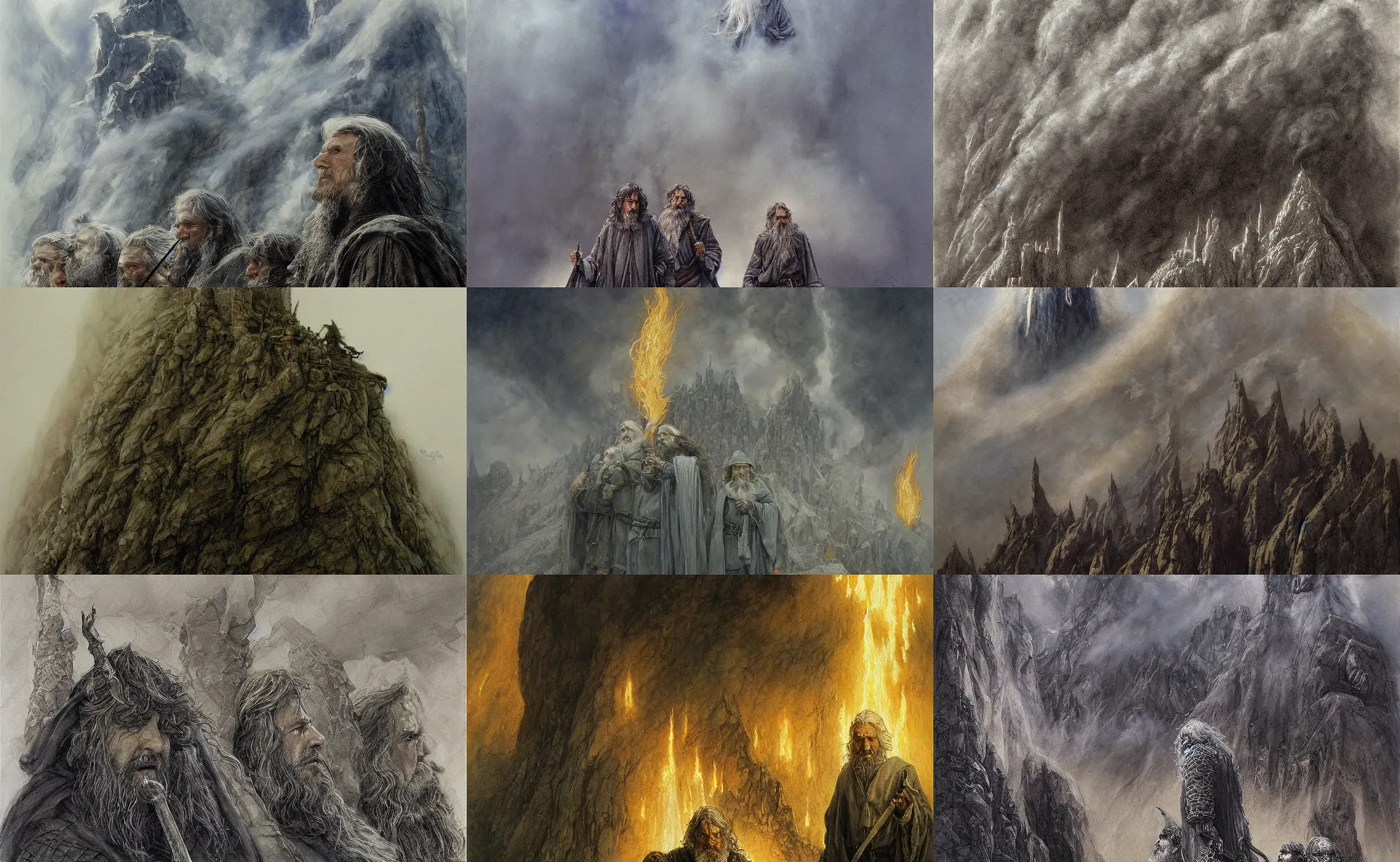 Prompt: gandalf, aragorn, and frodo flee a billowing pitch black cloud of smoke and blinding flame through the great dwarven halls, by alan lee, intricate, detailed stonework, expressive faces, oil painting, artstation