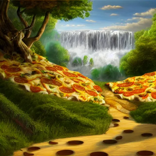 Prompt: highly detailed, high resolution, hyper realistic, 8 k, trending on artstation, landscape nature painting, trees made out of pizza, ground is made of cheese and pepperoni, waterfall made of marinara sauce