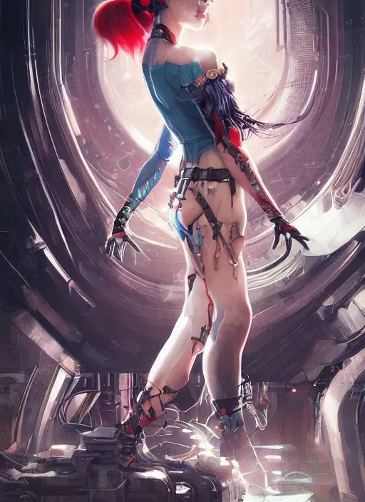 Image similar to a beautiful illustration of cyberpunk harley quinn with pointy ears, intricate, sharp focus, illustration, highly detailed, digital painting, concept art, matte, art by wlop and artgerm and greg rutkowski and alphonse mucha, masterpiece