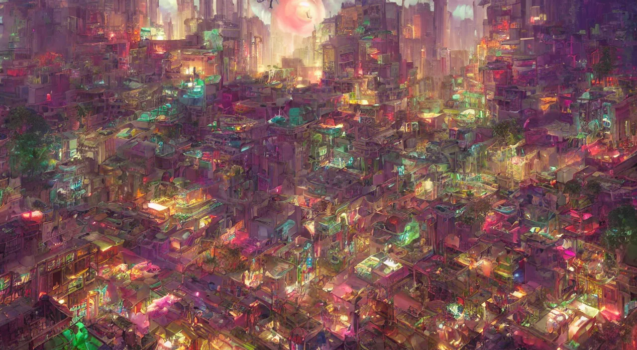 Image similar to bazaar zouk place aladin block greeble multicolorful sky shine mattepainting, street art, trending on artstation, by huang guangjian and gil elvgren and sachin teng