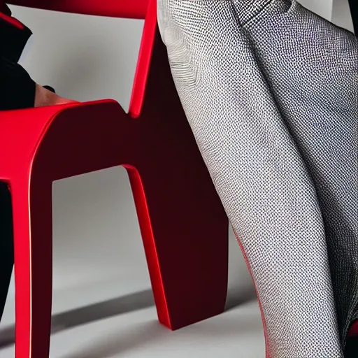 Image similar to close up of fashion model sitting on red chair, official jil sander editorial