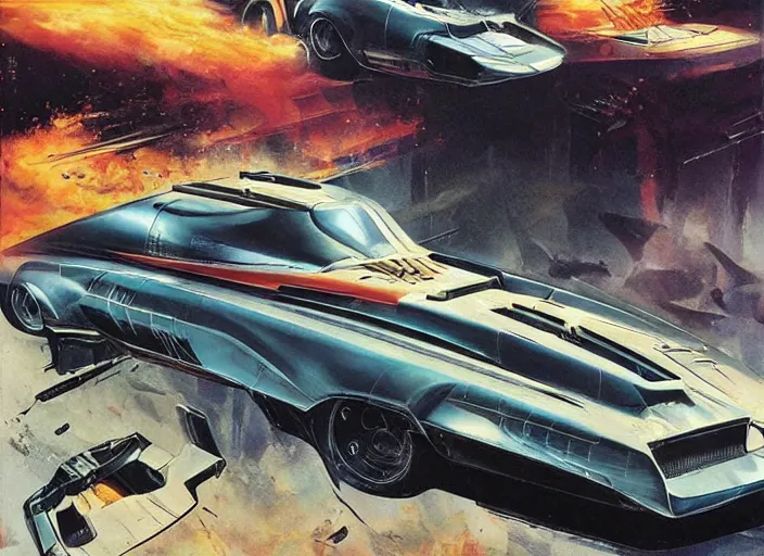 Prompt: ( ( ( ( ( knight rider kitt, car concept art, sci - fi illustration, painting ) ) ) ) ) by vincent di fate and john berkey and speed racer mach 5!!!!!!!