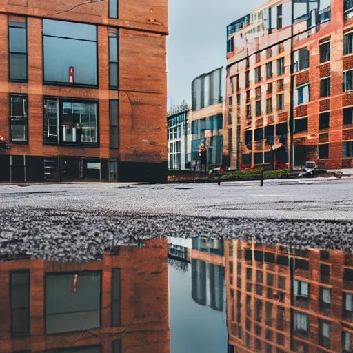 Image similar to realistic photo of puddle on sidewalk, buildings in reflection