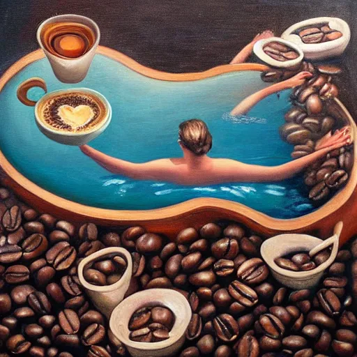 Prompt: !dream Swimming in a pool of coffee, surrealist oil painting, dark water, coffee beans, dark water, black water