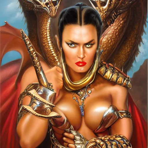 Prompt: detailed oil painting of tall hyper - muscular shining bronze - skinned warrior woman with silver eyes, riding a dragon, wearing xena armor, full body, with long wavy flowing black hair and big gold earrings, jewelry, red lipstick, makeup, feminine, volumetric lighting, dynamic composition, art by boris vallejo, heavy metal magazine