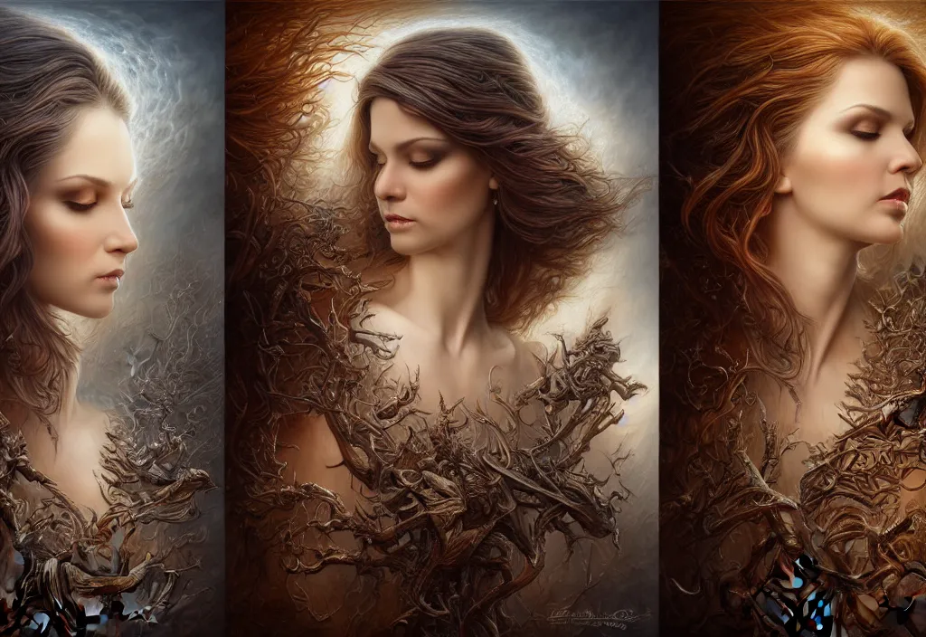 Image similar to picture split from the middle with an border, evil angels with different backrounds, intricate, elegant, highly detailed, realistic hair, centered, digital painting, art station, conceptual art, soft, sharp focus, illustration, artwork, artgerm, tomasz alen kopera, donato giancola, wlop, boris vallejo