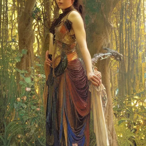 Image similar to a detailed, beautiful portrait oil painting of a girl who looks an 1 8 - year old, with a surprised expression, wearing intricate, full - plate iridescent armor in an ancient forest, by donato giancola, alphonse mucha, and john williams waterhouse