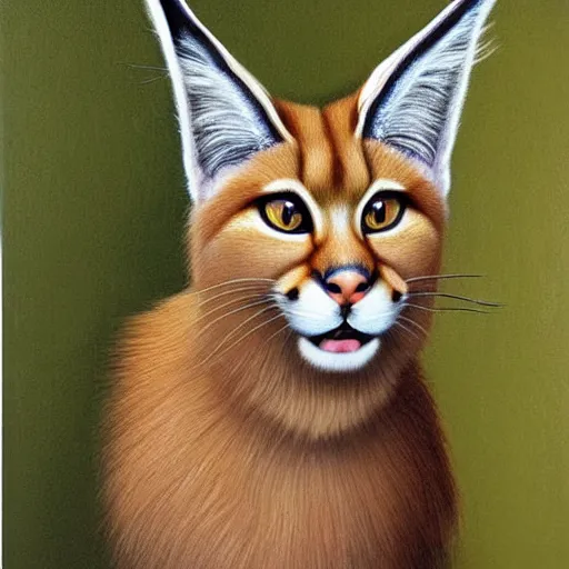 Image similar to fullbody portrait of cute fluffy caracal, wearing laurel wreath on his head, illustration, high detail, francine van hove