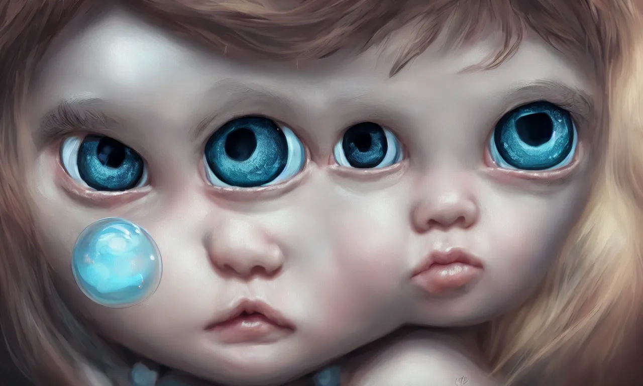 Prompt: digital painting of beautiful cute baby bubble with huge eyes, long eyelashes staring into the camera, intricate, detailed, fractals, rendered in blender, octane, artstation, grg rutkowski, muchas, artgerm