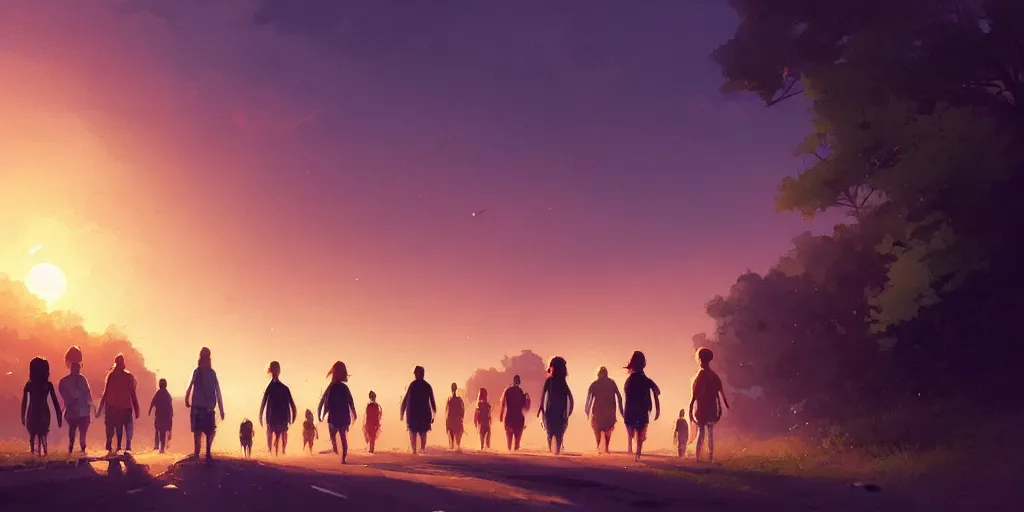 Image similar to a group of close friends walking down the road at sunset, nostalgic, details, sharp focus, illustration, by jordan grimmer and greg rutkowski, trending artstation, pixiv, digital art