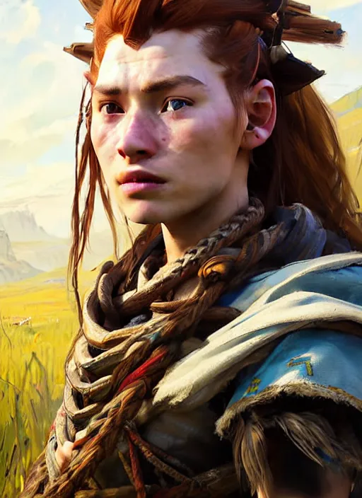 Prompt: portrait of a eastern european Aloy from Horizon Zero Dawn in the style of League of Legends practicing, countryside, calm, fantasy character portrait, dynamic pose, above view, sunny day, clouds in the sky, artwork by Jeremy Lipkin and Giuseppe Dangelico Pino and Michael Garmash and Rob Rey and Huang Guangjian, very coherent asymmetrical artwork, sharp edges, perfect face, simple form, face by Fernanda Suarez and Greg Manchess, 100mm