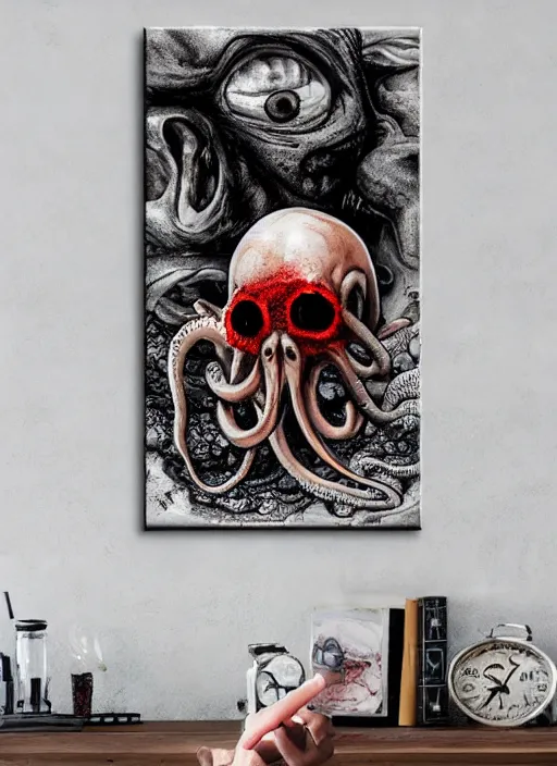 Image similar to Octopus ripping out dirty man's eye socket, octopus is violently exiting from the human skull, horror photography, 4k quality, highly detailed features, by Junji Ito, painted on bloody metal canvas