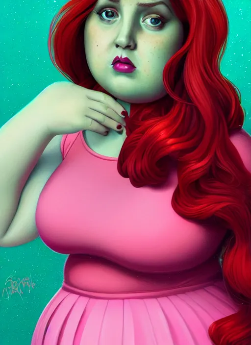 Image similar to full body portrait of teenage cheryl blossom, obese, bangs, green eyes, sultry, realistic, red hair, sultry smirk, wavy hair, pink skirt, fat, intricate, elegant, glowing lights, highly detailed, digital painting, artstation, concept art, smooth, sharp focus, illustration, art by wlop, mars ravelo and greg rutkowski