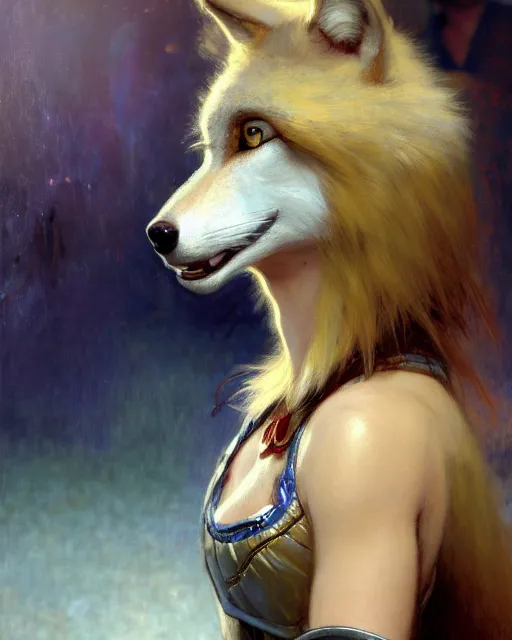 Prompt: white female anthro wolf skating at a roller derby, female fursona, 4 k, trending on artstation, very expressive detailed face, by gaston bussiere, craig mullins, j. c. leyendecker, gustav klimt, artgerm, greg rutkowski, alphonse mucha