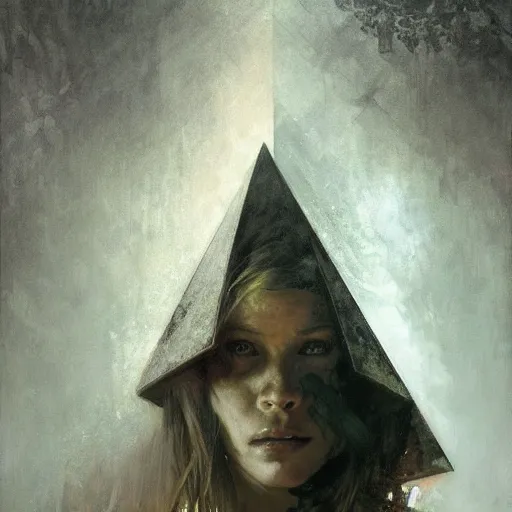 Image similar to hyperrealist portrait of pyramid head by jeremy mann and alphonse mucha, fantasy art, photo realistic, dynamic lighting, artstation, poster, volumetric lighting, very detailed faces, award winning