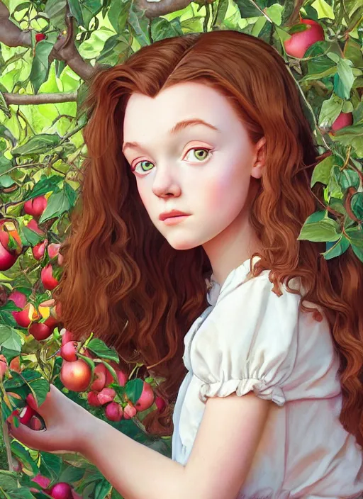 Prompt: well - lit art nouveau portrait of a 1 3 - year old girl who resembles millie bobby brown and sadie sink looking worried under an apple tree, natural lighting, path traced, highly detailed, high quality, cartoon, digital painting, by don bluth and ross tran and studio ghibli