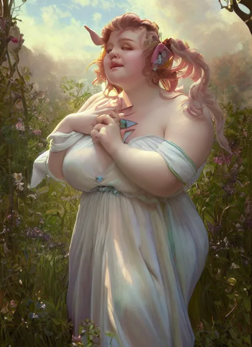 Image similar to a chubby elf woman with pointed ears, wearing a white sundress, rainbow pastel clouds for hair, realistic painting by ross tran and gerald brom and alphonse mucha, artgerm, trending on artstation