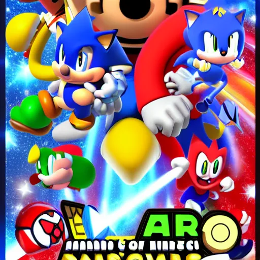 Image similar to super mario, kirby, sonic the hedgehog, super smash bros, star wars themed movie poster high detail accurate eyes and good gesture poses, pokemon anime cartoon style