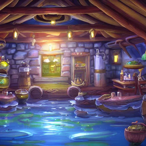 Prompt: wideshot of a magical water themed tavern, highly detailed digital art