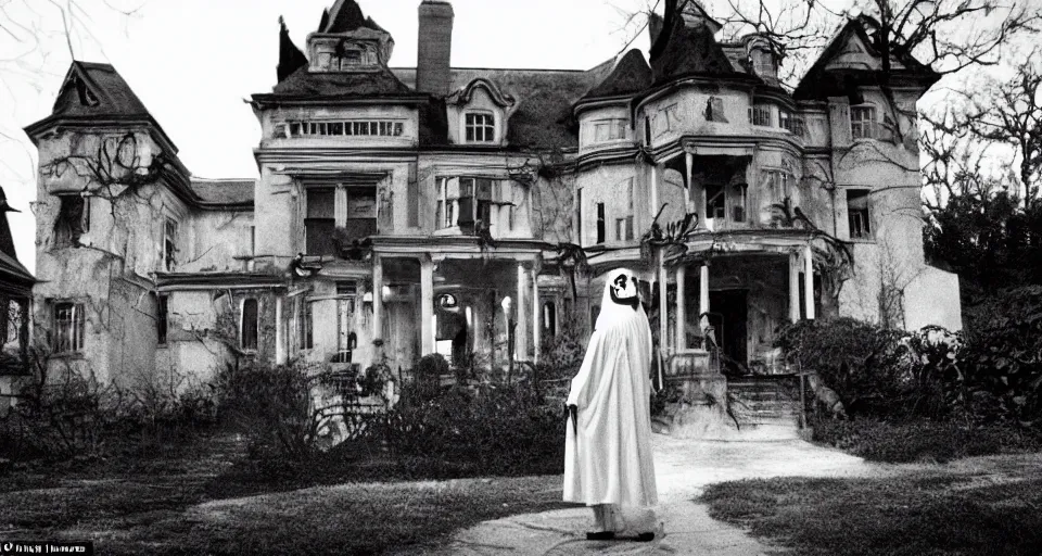 Image similar to Halloween film, Scene where a woman in white walking dark hallways in old mansion at midnight , view from front