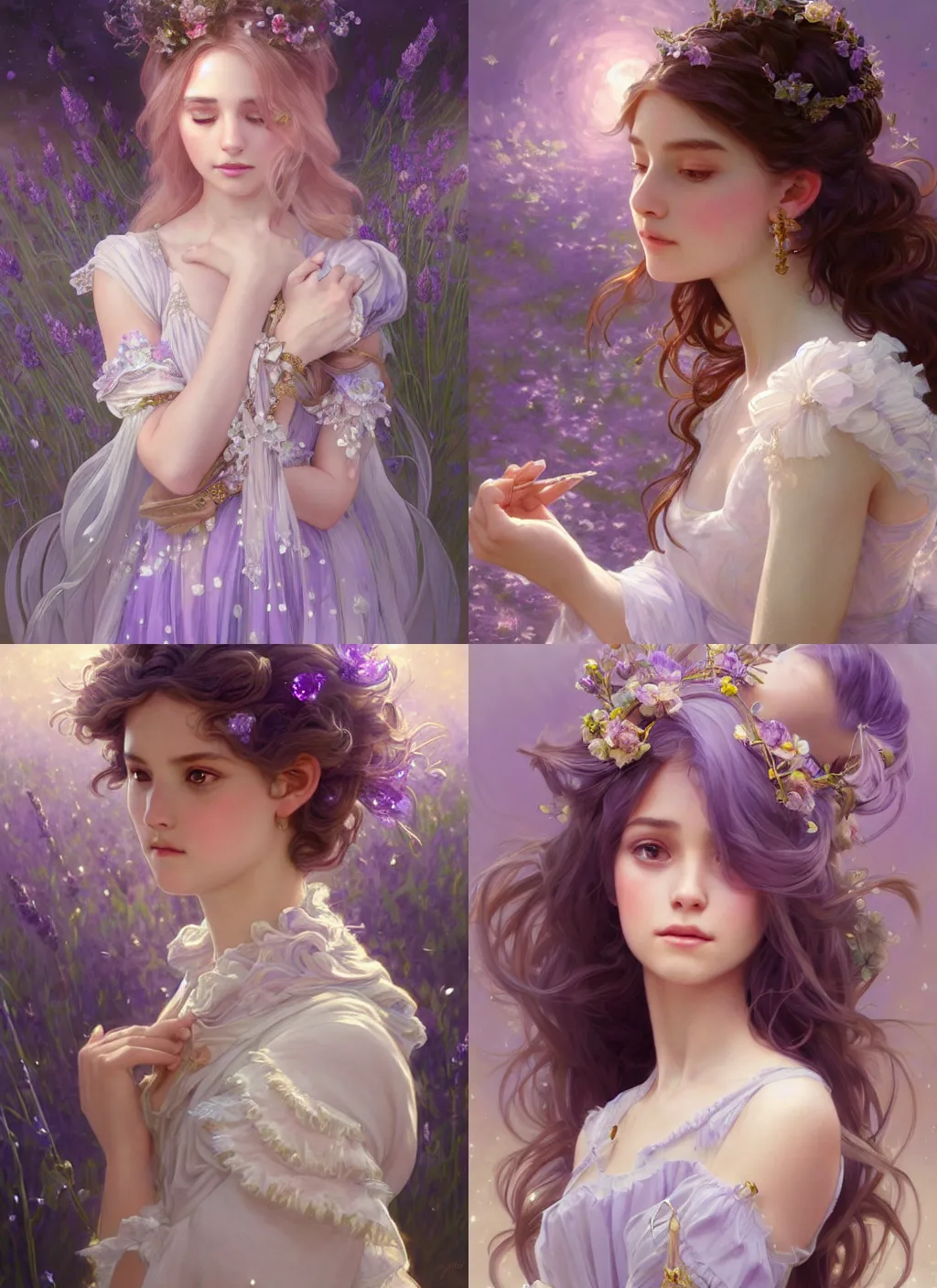 Prompt: portrait of magical young girl, dreamy and ethereal, lavender accents, peaceful expression, ornate frilly dress, fantasy, intricate, elegant, beautiful crystals, highly detailed, digital painting, artstation, concept art, smooth, sharp focus, illustration, art by artgerm and greg rutkowski and alphonse mucha