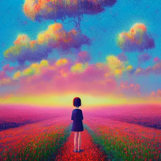 Image similar to large flower face, girl standing in a flower field, surreal photography, sunrise dramatic light, impressionist painting, colorful clouds, digital painting, pointillism, artstation, simon stalenhag