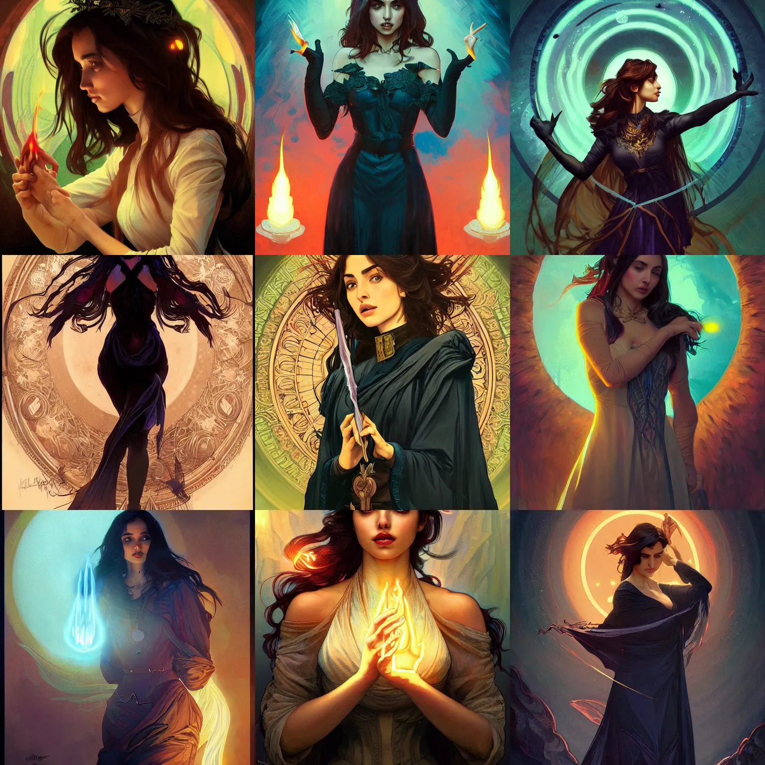 Prompt: ana de armas as a witch, casting a glowing spell out of her hands, ominous, highly detailed, digital painting, artstation, concept art, smooth, sharp focus, illustration, art by artgerm and alphonse mucha, high definition digital art, in the style of Ross tran and ilya kuvshinov