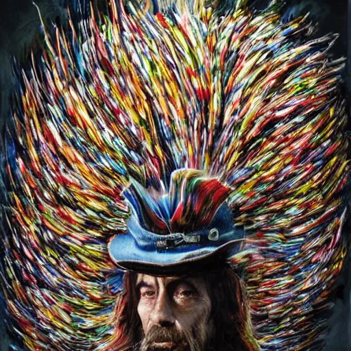 Image similar to a hat elemental, whirling energy made of hats ( dramatic, cinematic, by simon bisley )