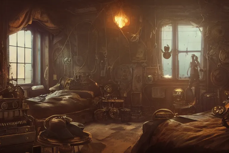 Image similar to Interior of a steampunk bedroom, 3d scene, render, ultra realistic, zenith view, Greg Rutkowski, artstation, cgsociety, level design, unreal engine alien whale flying over a steampunk city, 3d scene, render, ultra realistic, zenith view, Enki Bilal style