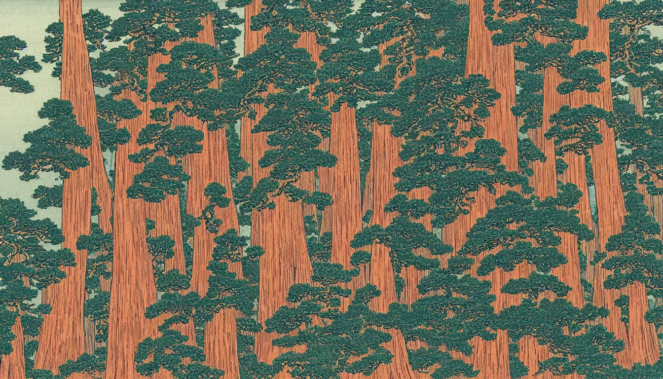 Prompt: giant redwood trees by hokusai