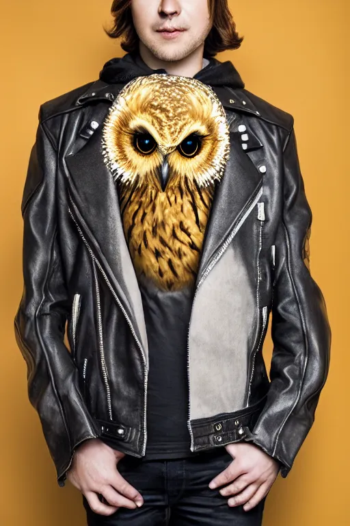 Image similar to front of owl wearing biker jacket, portrait photo, full body, backlit, studio photo, golden ratio, starry background