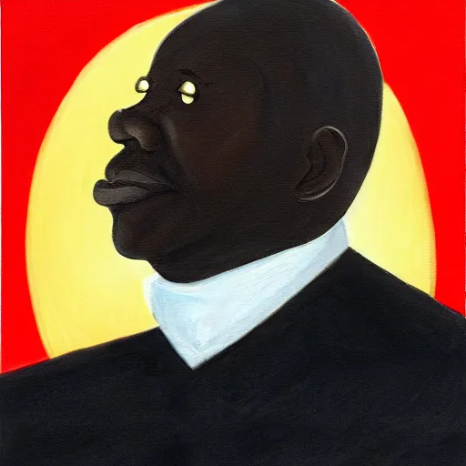 Image similar to a painting of a loving, caring fatherly wide forehead, aquiline nose, round face, XXL , generous, ever-present, humble, wise elder from Kenya in a silver suit and red tie by Kara Walker . Fatherly/daddy, focused, loving, leader, relaxed. Gold background, heavenly lights, details, smooth, sharp focus, illustration, realistic, cinematic, artstation, award winning, rgb , unreal engine, octane render, cinematic light, macro, depth of field, blur, light and clouds, highly detailed epic cinematic concept art CG render made in Maya, Blender and Photoshop, octane render, excellent composition, dynamic dramatic cinematic lighting, aesthetic, very inspirational, arthouse.