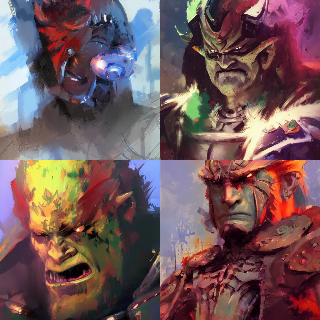 Prompt: Creepy colorful John Berkey portrait of Ganondorf (The Legend of Zelda) by Craig Mullins, frontal