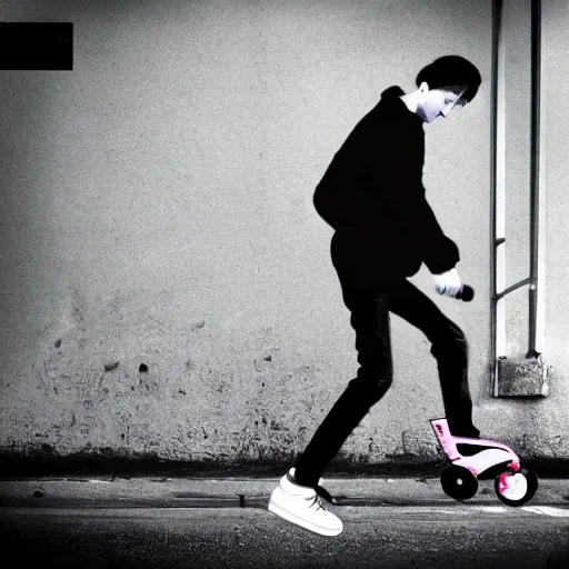 Prompt: retro 90s polaroid style realistic photo of a young skinny man who fell down after running his electric scooter into a telephone pole, image artifacts, flash photography