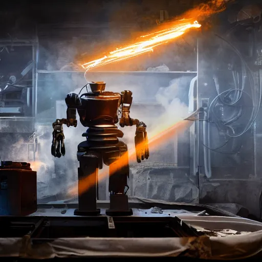 Image similar to toaster oven terminator robot, dark messy smoke - filled cluttered workshop, dark, dramatic lighting, orange tint, sparks, plasma charge, cinematic, highly detailed, sci - fi, futuristic, movie still