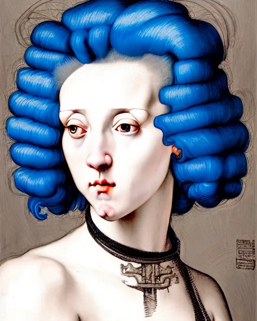 Prompt: photorealistic portrait of a woman with blue hair and big hair hair curlers, wearing a baggy pajamas, intricate details, highly detailed, in the style of rogier van der weyden and jacopo da pontormo, punk, masterpiece