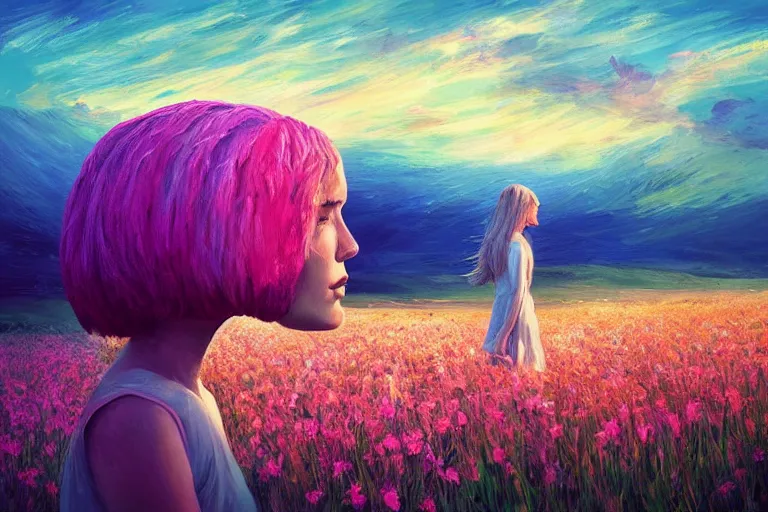 Image similar to giant gladiola head, girl walking in field of flowers, surreal photography, sunrise, blue sky, dramatic light, impressionist painting, digital painting, artstation, simon stalenhag