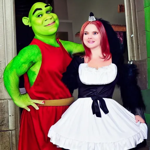 Image similar to shrek in costume of french maid