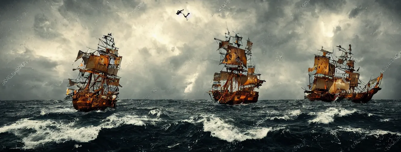 Image similar to pirate ship in the middle of the ocean, thunderstorms