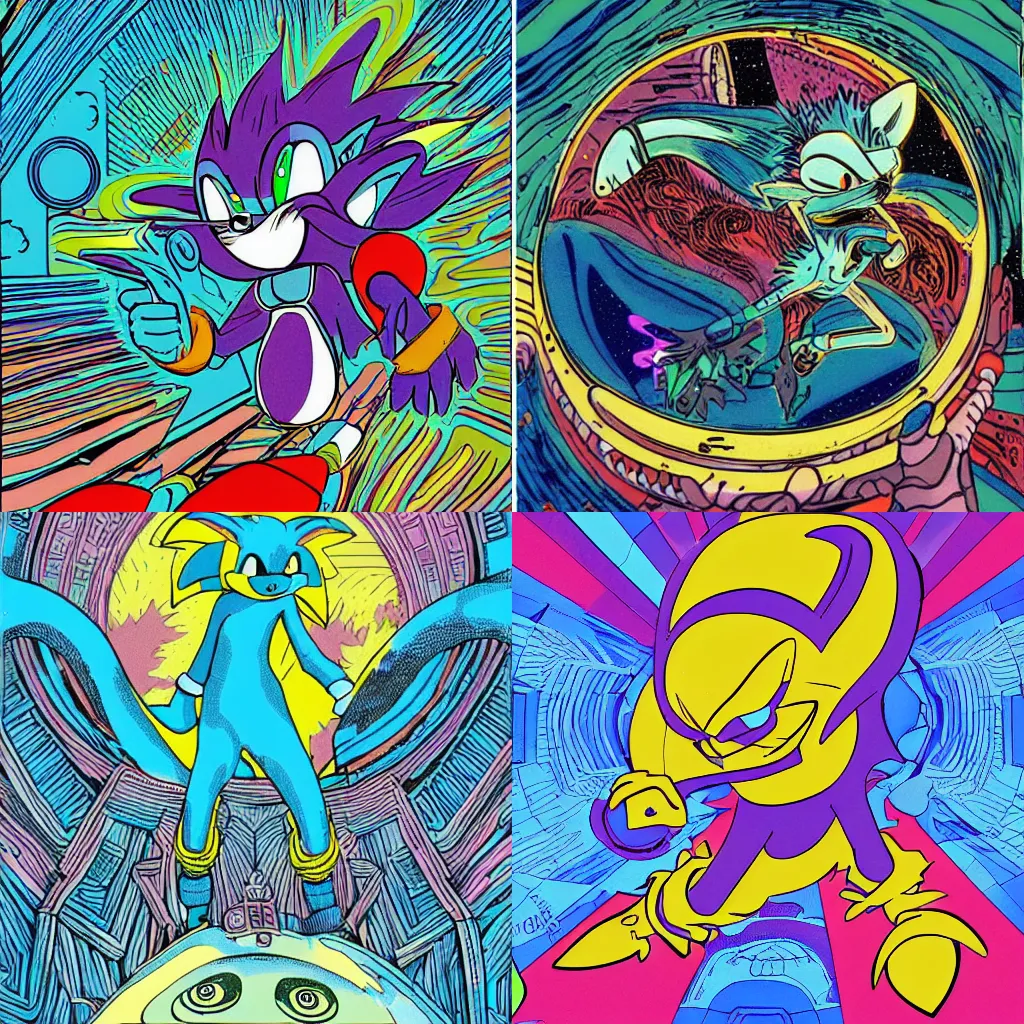 Image similar to a scifi illustration of a psychedelic sonic the hedgehog flat colors, limited palette in FANTASTIC PLANET La planète sauvage animation by René Laloux