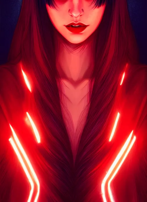 Image similar to portrait of veronica lodge with bangs, vampire, long hair, red clothes, bangs, intricate, elegant, glowing lights, highly detailed, digital painting, artstation, concept art, smooth, sharp focus, illustration, art by wlop, mars ravelo and greg rutkowski