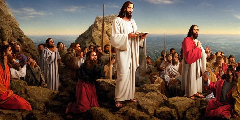 Prompt: Jesus giving the Sermon on the Mount, photography, realistic, detailed