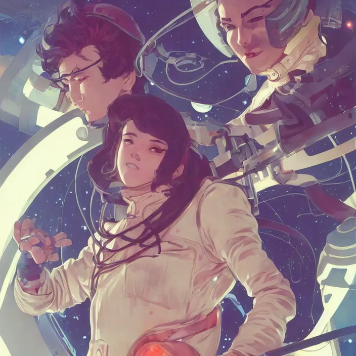 Image similar to anime portrait space pirate captain, futuristic science fiction, mucha, hard shadows and strong rim light, art by jc leyendecker and atey ghailan and sachin teng